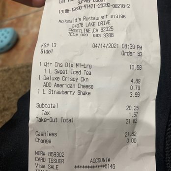 McDonald's - the receipt for the restaurant - Fast Food Near Me - Crestline, California