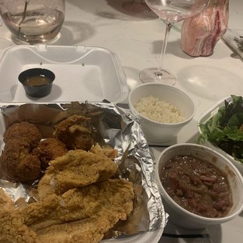Chimes Restaurant - Boat load with red beans and rice and side salad with pepper jelly dressing - Southern Near Me - Baton Rouge, Louisiana