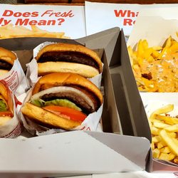 In-N-Out Burger - Double Double Animal Style, Hamburger with Everything, Two Hamburgers Plain For Our Four Legged People, Fries and Animal Style Fries Well
