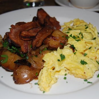 Freemans - scrambled eggs, thick cut bacon and roasted potatoes - Breakfast & Brunch Near Me - New York, New York Freemans - scrambled eggs, thick cut bacon and roasted potatoes - Breakfast & Brunch Near Me - New York, New York