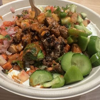 CAVA - Built my own bowl: White rice, tzatziki, chicken, vegetables, cucumber & tomato, drizzled with hot Marsala vinaigrette - Mediterranean Near Me - Wake Forest, North Carolina