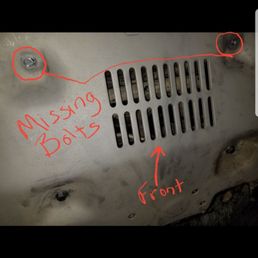 TRD Pro skid plate with bolts installed under the skid plate, leaving only 2 of the 4 holding it up. Horrible. TRD Pro skid plate with bolts installed under the skid plate, leaving only 2 of the 4 holding it up. Horrible.