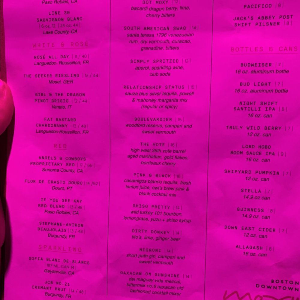 Bar Moxy - Drink menu at the bar ! - Cocktail Bars Near Me - Boston, Massachusetts
