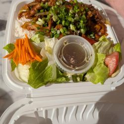 Blessing Cafe - Spicy pork w/ rice and a small salad was very good, not to spicy, they have Sriracha sauce if ud like to make it Spicer:)