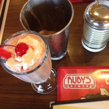 Ruby's Diner - Strawberry banana milkshake with the extra milkshake on the side - Burgers Near Me - Anaheim, California Ruby's Diner - Strawberry banana milkshake with the extra milkshake on the side - Burgers Near Me - Anaheim, California