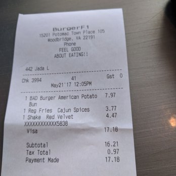BurgerFi - Receipt ($17 for a burger, fries and a milkshake ) - Hot Dogs Near Me - Woodbridge, Virginia BurgerFi - Receipt ($17 for a burger, fries and a milkshake ) - Hot Dogs Near Me - Woodbridge, Virginia