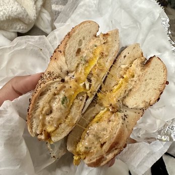 Solid Ground Cafe - egg, cheddar, sprouts, and chipotle ranch on everything bagel - Coffee & Tea Near Me - Boston, Massachusetts