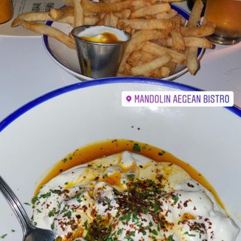 Mandolin Aegean Bistro - Manti Dumplings, fries and chicken kebab - Mediterranean Near Me - Miami, Florida Mandolin Aegean Bistro - Manti Dumplings, fries and chicken kebab - Mediterranean Near Me - Miami, Florida