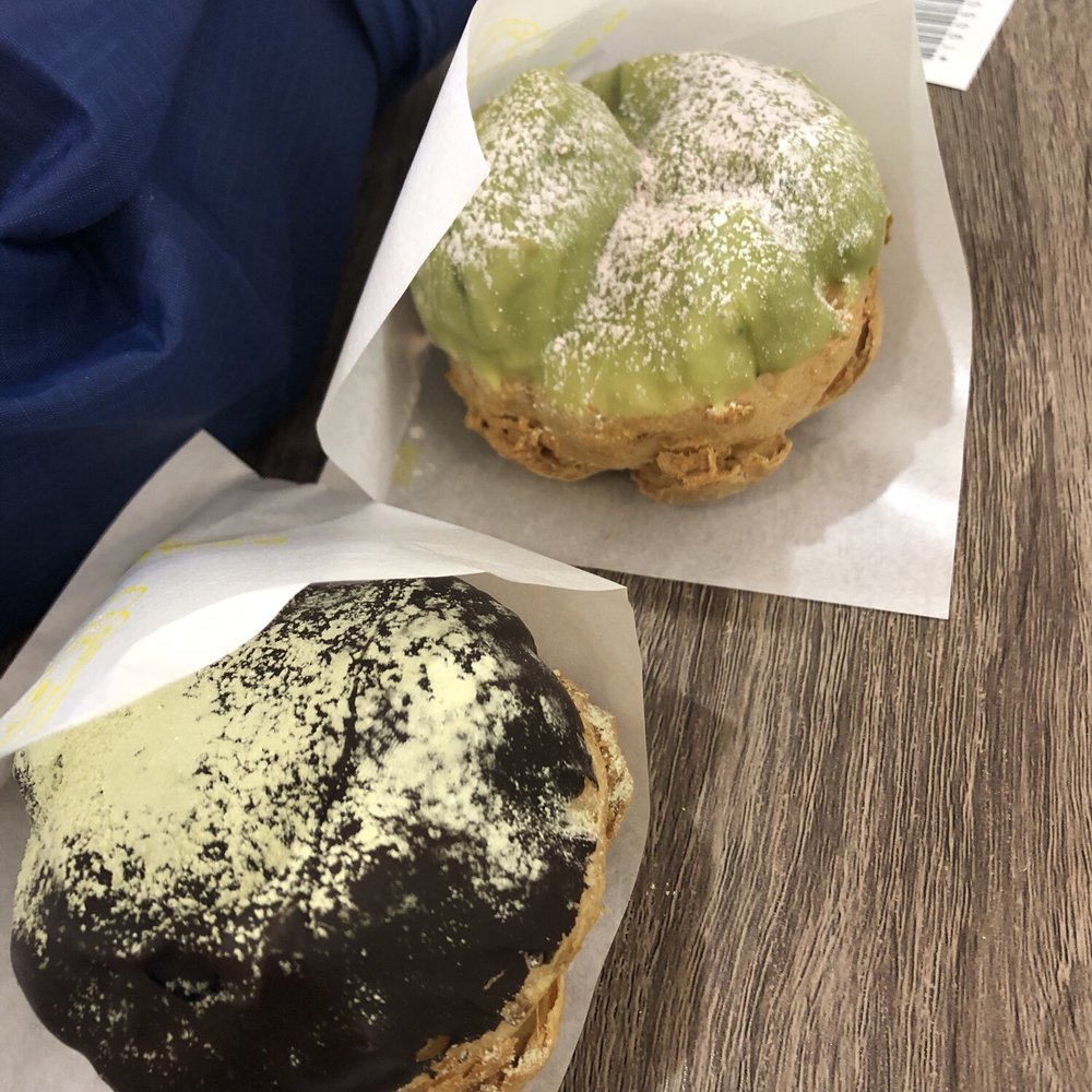 Beard Papa's - Chocolate shell + green tea cream and green tea shell + strawberry cream (flavor of the month) - Desserts Near Me - Flushing, New York Beard Papa's - Chocolate shell + green tea cream and green tea shell + strawberry cream (flavor of the month) - Desserts Near Me - Flushing, New York