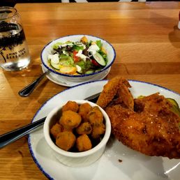 Honey-Dusted Fried Chicken With Fried Okraand side garden salad Honey-Dusted Fried Chicken With Fried Okraand side garden salad