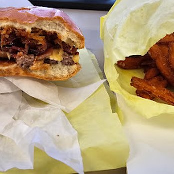 Glory Burger - Backyard Burger (single patty) and sweet potato fries (I already ate over half the bag) - Burgers Near Me - Los Angeles, California