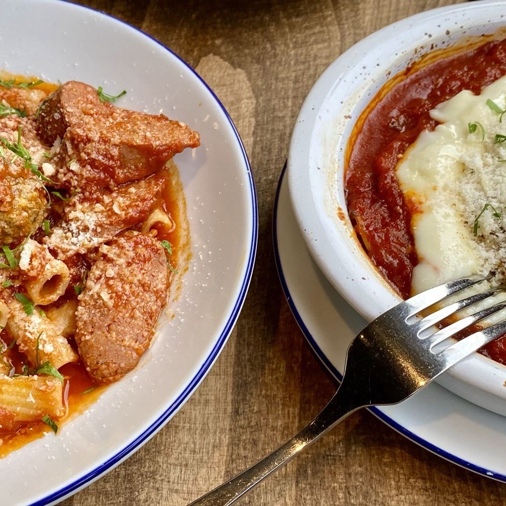 Ofena - Rigatoni with meatballs and sausage o left and the Swiss chard cannelloni on the right - Italian Near Me - San Francisco, California