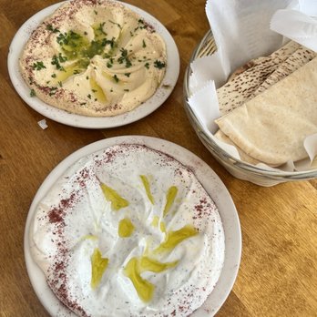 Olive - Lebna (bottom) and Hummus Dip with Peppers (top) - Lebanese Near Me - New Orleans, Louisiana Olive - Lebna (bottom) and Hummus Dip with Peppers (top) - Lebanese Near Me - New Orleans, Louisiana
