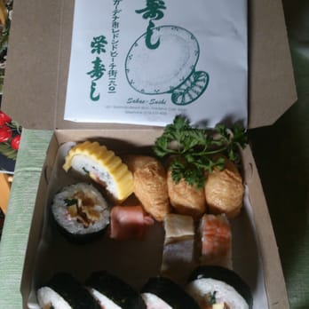 Sakae Sushi - No flash: Shrimp & Saba Oshi Sushi; Oinari/"football"; Futomaki w/ Nori/seaweed paper; Futomaki w/ Tamago/egg covering - Japanese Near Me - Gardena, California Sakae Sushi - No flash: Shrimp & Saba Oshi Sushi; Oinari/"football"; Futomaki w/ Nori/seaweed paper; Futomaki w/ Tamago/egg covering - Japanese Near Me - Gardena, California