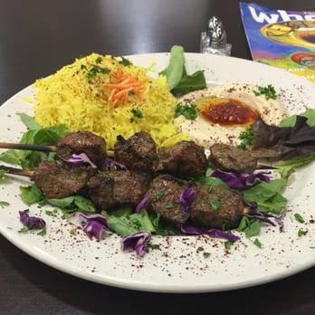 Cleo's - Beef Shish Kabob w/ side of Saffron Rice and Hummus! Came with pita bread too. Yuuuum! - Mediterranean Near Me - New Orleans, Louisiana