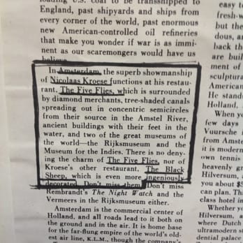 D'vijff Vlieghen - Photo taken 7/13/2013 - Newspaper article about the Five Flies. - Modern European Near Me - Amsterdam, New Hampshire