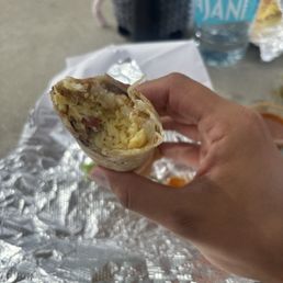 Bacon egg and hash brown "burrito" (hardly big enough to be called a burrito)
