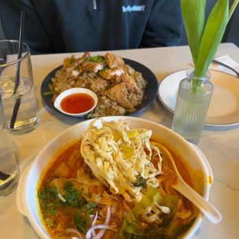 Charm Thai Kitchen & Coffee - Tofu khao soi, Garlic fried rice with fried chicken - Thai Near Me - Henderson, Nevada Charm Thai Kitchen & Coffee - Tofu khao soi, Garlic fried rice with fried chicken - Thai Near Me - Henderson, Nevada