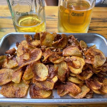 Gemüt Biergarten - Crispy Golden Potatoes with Skol Crusher Beer - Beer Gardens Near Me - Columbus, Ohio
