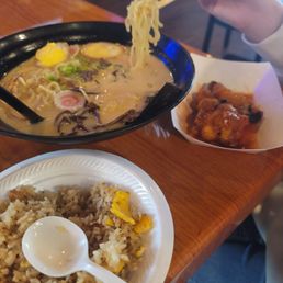 Tonkatsu ramen, fried rice and Buffalo chicken wings Tonkatsu ramen, fried rice and Buffalo chicken wings