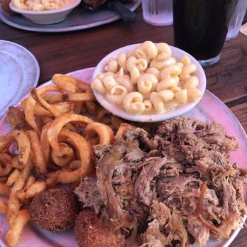 Green River BBQ - Pulled pork, Mac, curly fries and hush puppies. - Barbeque Near Me - Saluda, North Carolina