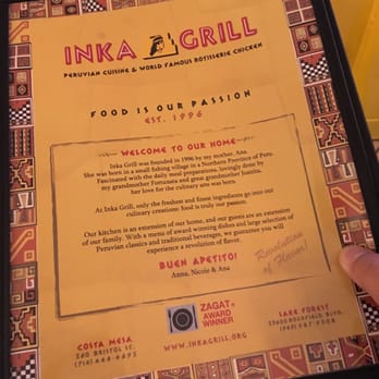 Inka Grill - Ordering the famous Inka roasted chicken - Peruvian Near Me - Lake Forest, California Inka Grill - Ordering the famous Inka roasted chicken - Peruvian Near Me - Lake Forest, California