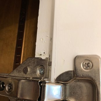 Elite Remodeling Group - Sloppy work in cabinetry with holes still visible from prior hinges - Roofing Near Me - Calabasas, California Elite Remodeling Group - Sloppy work in cabinetry with holes still visible from prior hinges - Roofing Near Me - Calabasas, California