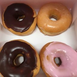 Chocolate, strawberry, and glazed donuts