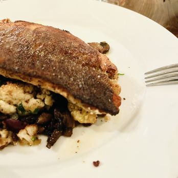 L'inizio - Mouthful: (Branzino On Roasted Cauliflower+ Mushrooms+Truffle Cauliflower Purée) - Italian Near Me - Ardsley, New York