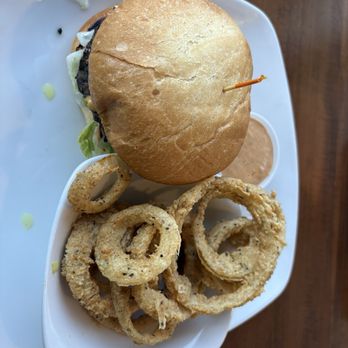 Blow Fly Bar and Grill - CLASSIC BURGER with onion rings - Seafood Near Me - Gulfport, Mississippi