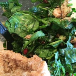Wild salmon salad with whole wheat pita bread.