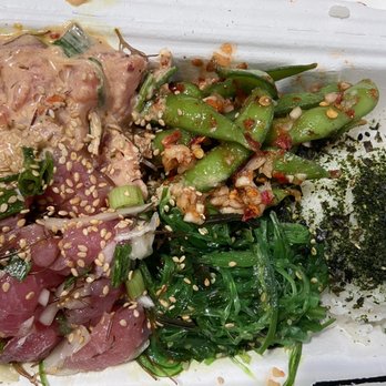 Jus' Poke - Spicy, Original, Wakame salad, Spicy Edamame (fyi, sweet sauce with lots of garlic) - Hawaiian Near Me - Redondo Beach, California Jus' Poke - Spicy, Original, Wakame salad, Spicy Edamame (fyi, sweet sauce with lots of garlic) - Hawaiian Near Me - Redondo Beach, California