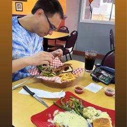 Cheeseburger and chicken fried steak. Cheeseburger and chicken fried steak.