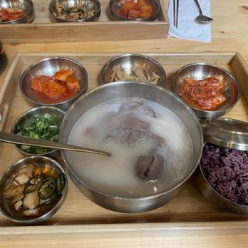 Han Sang - A perfect meal for this cold weather. Bone broth with noodles and side of purple rice with all the fixings! - Korean Near Me - Millbrae, California