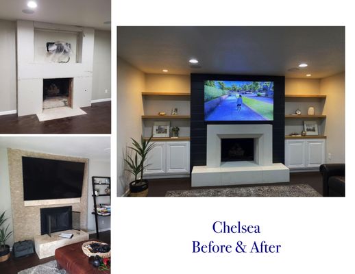 Chelsea Style mantel. Before & After - This customer wanted to transform the look and feel of his living room. We helped him with the choice of style and size. From start to finish we done the complete transformation by removing the old mantel. He choose one of our modern style mantels. Chelsea Style mantel. Before & After - This customer wanted to transform the look and feel of his living room. We helped him with the choice of style and size. From start to finish we done the complete transformation by removing the old mantel. He choose one of our modern style mantels.