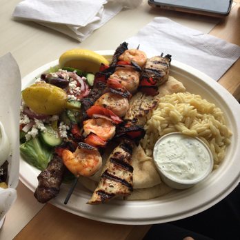 Athens West - Three meat platter with Greek salad and pasta. - Greek Near Me - Seal Beach, California Athens West - Three meat platter with Greek salad and pasta. - Greek Near Me - Seal Beach, California