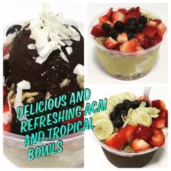 Long Tail Acai - 100% Natural fruit pulp topped with banana, strawberries, blueberries, granola and honey.  Flavors: Mango, Cajá, Passion fruit, Guava...