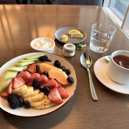 Fruit Bowl, Greek Yogurt, and tea