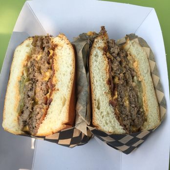 Stacks - "The Beast" 8oz of burger with bacon, American cheese, caramelized onion, and sauce (usually BBQ but I ordered stack sauce) - Food Trucks Near Me
