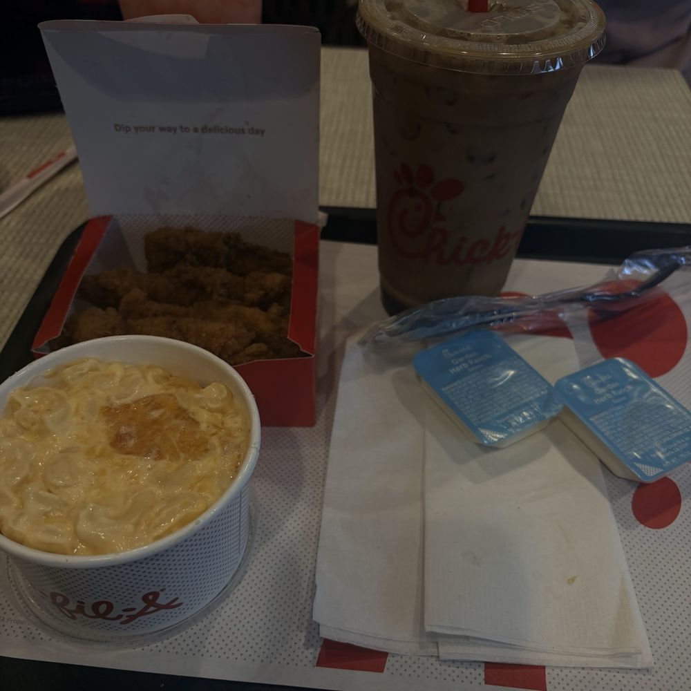 Mac & Cheese, Chick-fil-A Chick-n-Strips, Iced Coffee