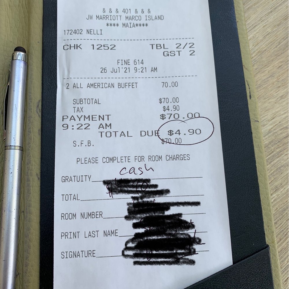 The bill $35 pp for the breakfast buffet The bill $35 pp for the breakfast buffet