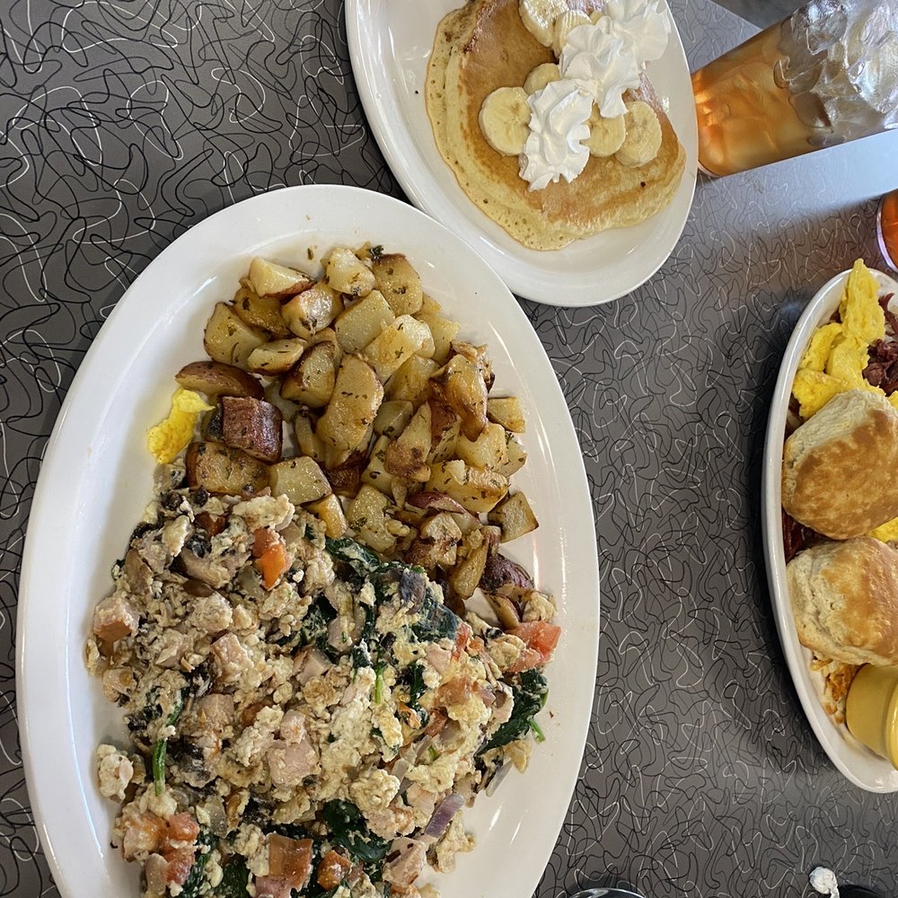 Biscuits Cafe - Banana pancake, turkey and veggie scramble with red potatoes - Breakfast & Brunch Near Me - Phoenix, Arizona Biscuits Cafe - Banana pancake, turkey and veggie scramble with red potatoes - Breakfast & Brunch Near Me - Phoenix, Arizona