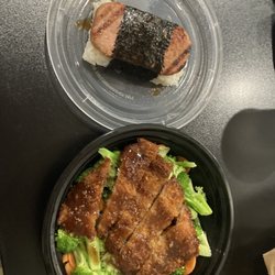 The Cove Hawaiian Grill - Pork Katsu and Bulgogi Beef bowl and a musubi on the side.