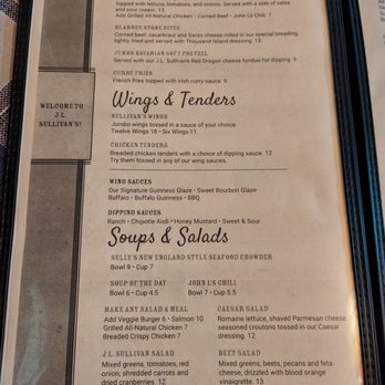J L Sullivans Irish Pub and Restaurant - Menu pg1 - Irish Pub Near Me - Thornton, New Hampshire