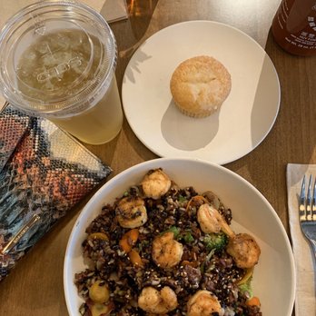 Flower Child - Forbidden rice bowl add shrimp with gluten free lemon cake - Salad Near Me - Charlotte, North Carolina Flower Child - Forbidden rice bowl add shrimp with gluten free lemon cake - Salad Near Me - Charlotte, North Carolina