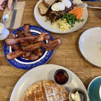 Sequoia Diner - Top: corned Beef Hash Middle: Housemade Bacon (2 orders) Bottom: waffle - Diners Near Me - Oakland, California