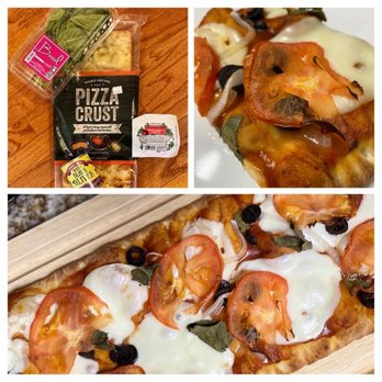 Trader Joe's - Flatbread pizza. Brush underside of crust w/EVOO, top w/pizza sauce, fresh mozz/tomato/basil & sliced olives. Bake @425/8m. - Grocery Near Me - Freehold, New Jersey Trader Joe's - Flatbread pizza. Brush underside of crust w/EVOO, top w/pizza sauce, fresh mozz/tomato/basil & sliced olives. Bake @425/8m. - Grocery Near Me - Freehold, New Jersey
