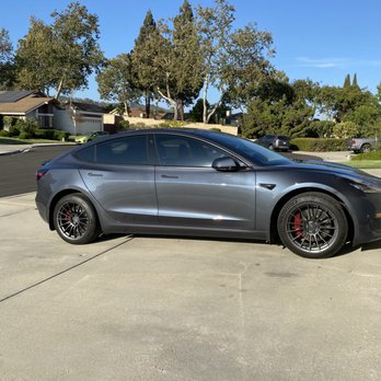 Wheel Concepts - Dark red brake caliper paint with TESLA letters - Tires Near Me - Camarillo, California
