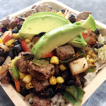 Green Tomato Grill - My friend's Chile Verde Steak Bowl, with grilled steak and avocados! - New American Near Me - Orange, California