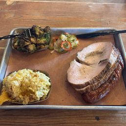 2 Meat plate -turkey, sausage, tater tot casserole and Brussels sprouts